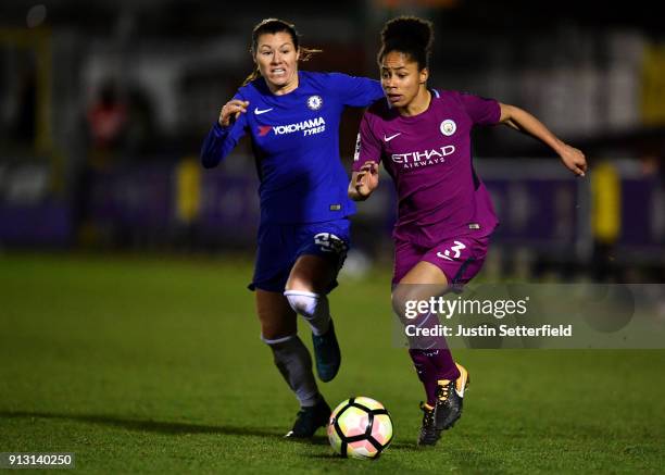 Demi Stokes of Manchester City Ladies and Ramona Bachmann of Chelsea Ladies during the WSL match between Chelsea Ladies and Manchester City Ladies at...