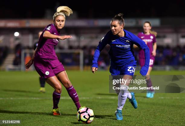 Steph Houghton of Manchester City Ladies and Ramona Bachmann of Chelsea Ladies during the WSL match between Chelsea Ladies and Manchester City Ladies...