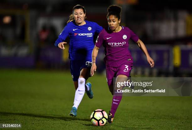 Demi Stokes of Manchester City Ladies and Ramona Bachmann of Chelsea Ladies during the WSL match between Chelsea Ladies and Manchester City Ladies at...