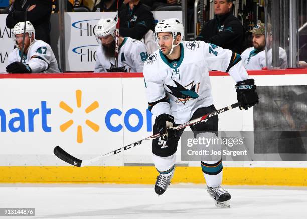 Dylan DeMelo of the San Jose Sharks skates against the Pittsburgh Penguins at PPG Paints Arena on January 30, 2018 in Pittsburgh, Pennsylvania.