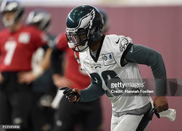 Jaylen Watkins of the Philadelphia Eagles warms up during Super Bowl LII practice on February 1, 2018 at the University of Minnesota in Minneapolis,...