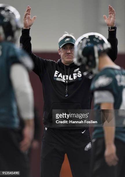 Head coach Doug Pederson of the Philadelphia Eagles celebrates a made field goal as Donnie Jones and Jake Elliott look on during Super Bowl LII...