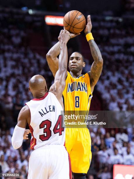Playoffs: Indiana Pacers Rasual Butler in action, shot vs Miami Heat Ray Allen at American Airlines Arena. Game 3. Miami, FL 5/24/2014 CREDIT: David...