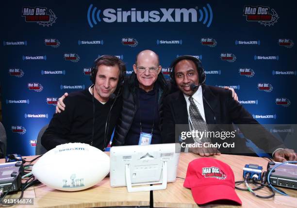 SiriusXM radio personality host Chris "Mad Dog" Russo, SiriusXM president Scott Greenstein and TV personality Stephen A. Smith attend SiriusXM at...