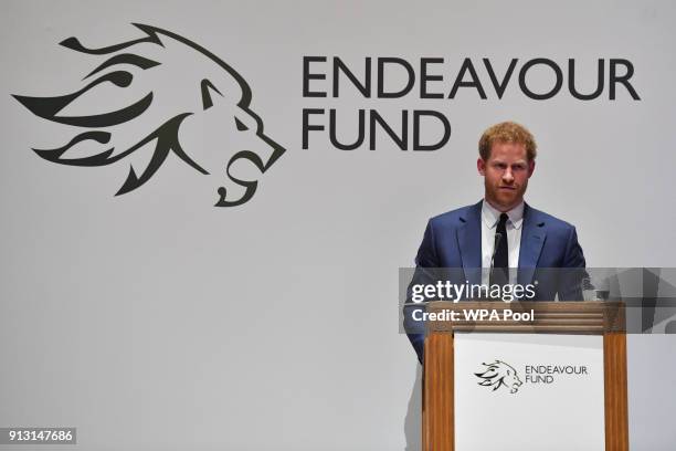 Prince Harry announces the winner of the Henry Worsley Award during the 'Endeavour Fund Awards' Ceremony at Goldsmiths Hall on February 1, 2018 in...