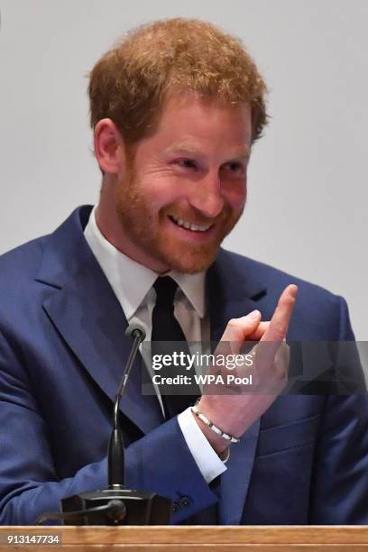 Prince Harry announces the winner of the Henry Worsley Award during the 'Endeavour Fund Awards' Ceremony at Goldsmiths Hall on February 1, 2018 in...