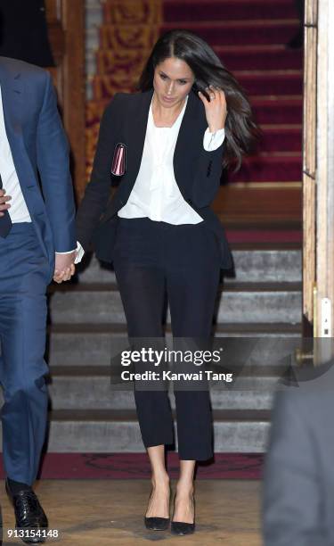 Meghan Markle departs after attending the 'Endeavour Fund Awards' Ceremony at Goldsmiths' Hall on February 1, 2018 in London, England. The awards...