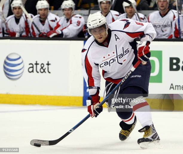 Alex Ovechkin of the Washington Capitals takes a shot in the second period against the Boston Bruins on October 1, 2009 at the TD Banknorth Garden in...