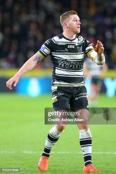 Marc Sneyd of Hull FC watches the ball go through the uprights for a conversion during the BetFred Super League match between Hull FC and...