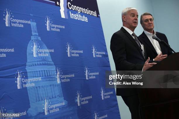 Sen. David Perdue and Rep. Steve Womack hold a news briefing during the 2018 House & Senate Republican Member Conference February 1, 2018 at the...