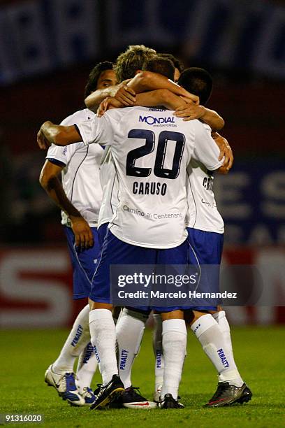 Players of Argentina's Velez Sarsfield celebrate victory over Union Espanola during their second match as part of the Copa Nissan Sudamericana on...