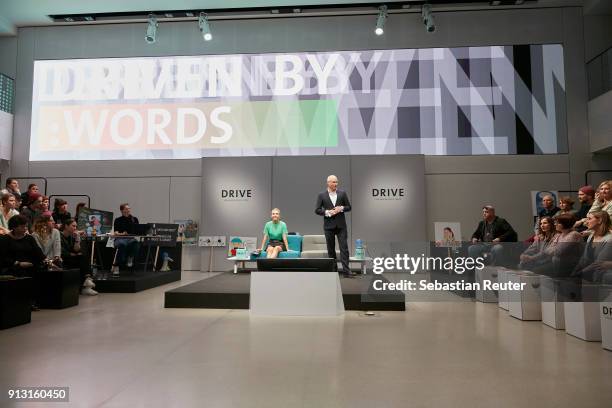 Sissy Metzschke and Volker Wieprecht are seen on stage during the discussion panel Clich'e Bashing: Kindererziehung at DRIVE Volkswagen Group Forum...