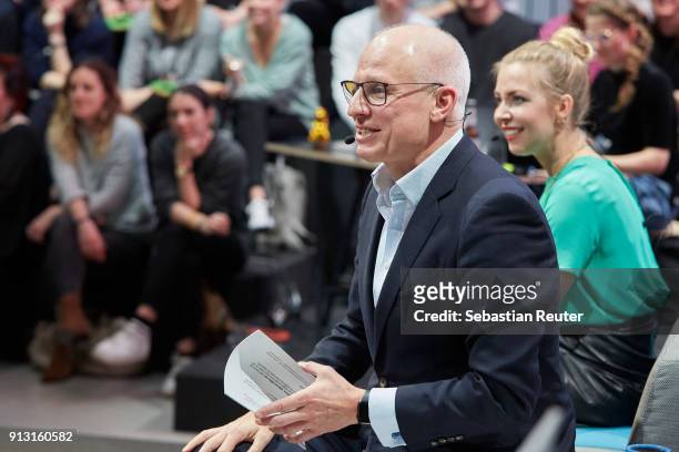 Sissy Metzschke and Volker Wieprecht are seen on stage during the discussion panel Clich'e Bashing: Kindererziehung at DRIVE Volkswagen Group Forum...