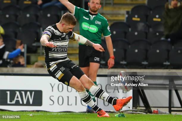 Marc Sneyd of Hull FC kicks a conversion during the BetFred Super League match between Hull FC and Huddersfield Giants at KCOM Stadium on Thursday,...