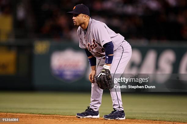 Second baseman Placido Polanco of the Detroit Tigers plays in the field against the Los Angeles Angels of Anaheim on August 24, 2009 at Angel Stadium...