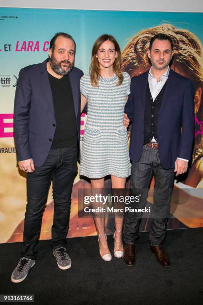 Actors Guillaume Bouchede, Matilda Lutz and actor Vincent Colombe attend the 'Revenge' Premiere at UGC Cine Cite des Halles on February 1, 2018 in...