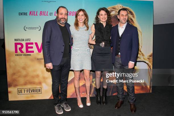 Actors Guillaume Bouchede, Matilda Lutz, director Coralie Fargeat and actor Vincent Colombe attend the 'Revenge' Premiere at UGC Cine Cite des Halles...