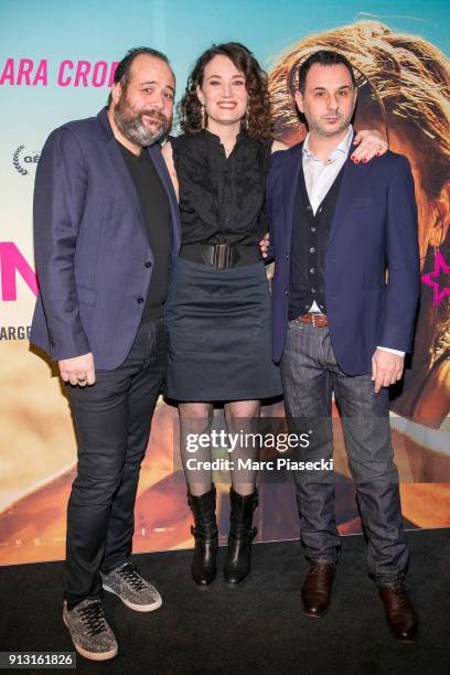 Actor Guillaume Bouchede, director Coralie Fargeat and actor Vincent Colombe attend the 'Revenge' Premiere at UGC Cine Cite des Halles on February 1,...