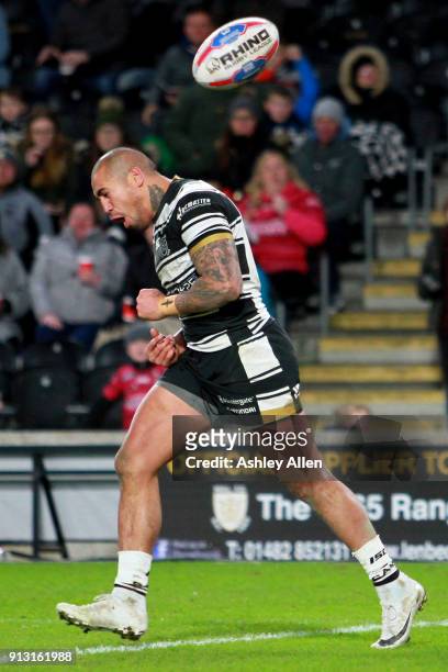 Hull FC's Fetuli Talanoa celebrates his Try during the BetFred Super League match between Hull FC and Huddersfield Giants at KCOM Stadium on...