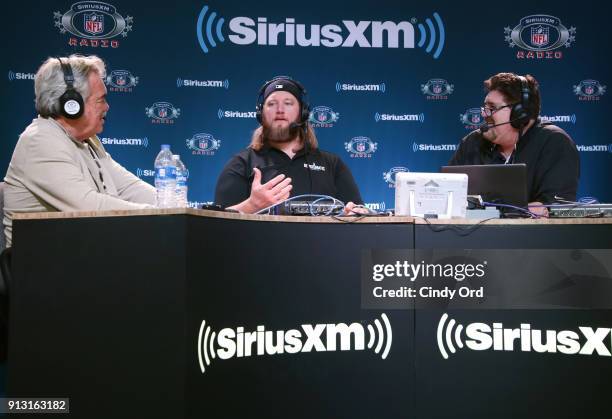 Former NFL head coach and SiriusXM radio host Pat Kirwan, NFL player Nick Mangold and SiriusXM radio host Jim Miller attend SiriusXM at Super Bowl...