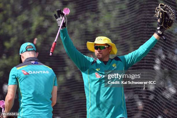 Head Coach Ryan Harris of Australia reacts during an Australian training session at Bay Oval on February 2, 2018 in Tauranga, New Zealand.