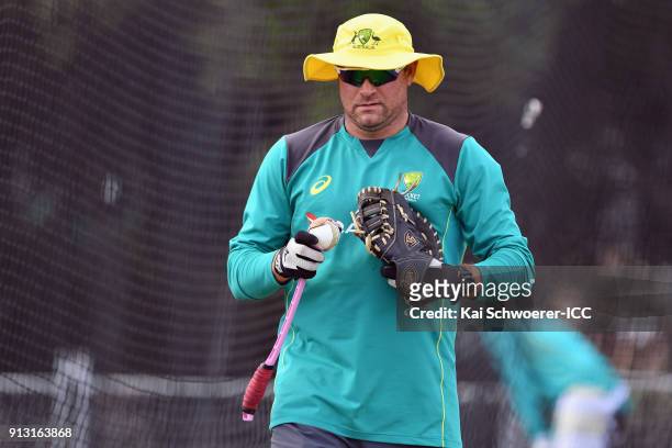Head Coach Ryan Harris of Australia looks on during an Australian training session at Bay Oval on February 2, 2018 in Tauranga, New Zealand.