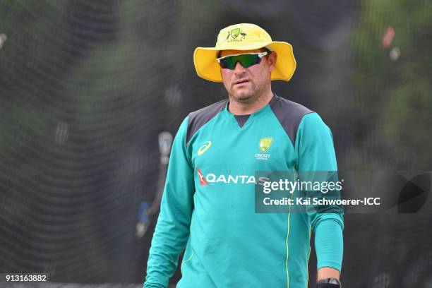 Head Coach Ryan Harris of Australia looks on during an Australian training session at Bay Oval on February 2, 2018 in Tauranga, New Zealand.