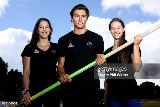 Pole Vaulters Eliza McCartney,Nick Southgate and Olivia McTaggart pose for a portrait during the Commonwealth Games New Zealand Athletics Selection...