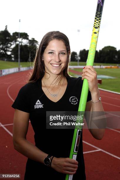 Pole Vaulter Eliza McCartney poses for a portrait during the Commonwealth Games New Zealand Athletics Selection Announcement at the Athletics New...