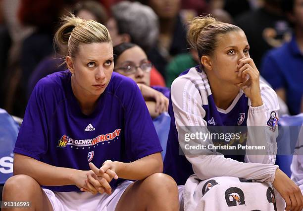 Penny Taylor and Kelly Mazzante of the Phoenix Mercury watch from the bench in the final moments of Game Two of the 2009 WNBA Finals against the...