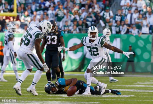 Juston Burris of the New York Jets in action against the Jacksonville Jaguars on October 1, 2017 at MetLife Stadium in East Rutherford, New Jersey....