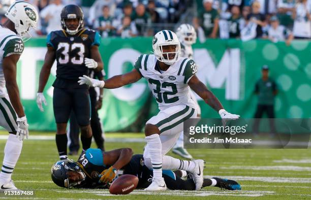 Juston Burris of the New York Jets in action against the Jacksonville Jaguars on October 1, 2017 at MetLife Stadium in East Rutherford, New Jersey....