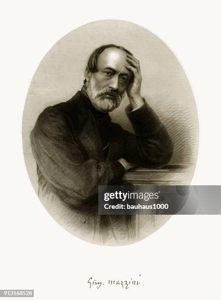 giuseppe mazzini victorian engraving, crica 1865 - victorian portrait stock illustrations