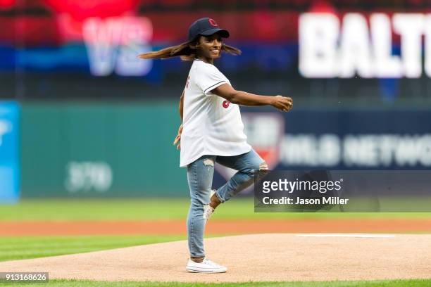 Olympic Gymnast Simone Biles throws out the first pitch prior to the game between the Cleveland Indians and the Baltimore Orioles at Progressive...
