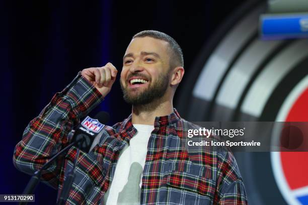 Justin Timberlake answers questions during the SuperBowl LII Pepsi Halftime Show Press Conference on February 1 at the Hilton Minneapolis Grand...