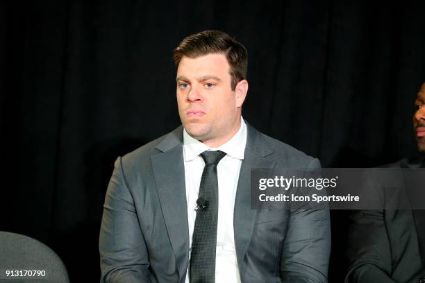 Eric Winston President of the National Football League Players Association speaks during the Super Bowl LII NFLPA Press Conference on February 1 at...