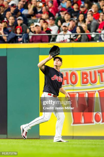 Right fielder Jay Bruce of the Cleveland Indians catches a fly ball hit by Caleb Joseph of the Baltimore Orioles during the fifth inning at...