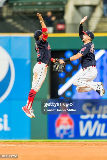Francisco Lindor of the Cleveland Indians and Lonnie Chisenhall celebrate after the Cleveland Indians win the game against the Baltimore Orioles at...