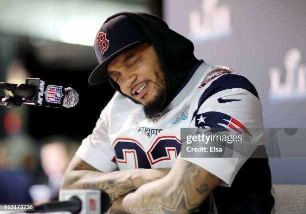 Patrick Chung of the New England Patriots speaks to the press during the New England Patriots Media Availability for Super Bowl LII at the Mall of...