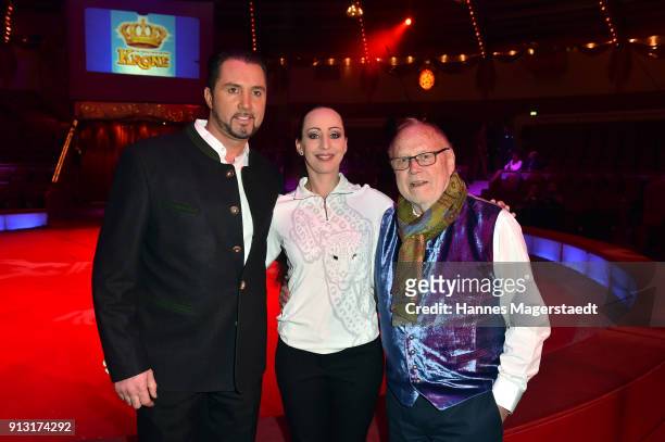 Martin Lacey Jr., Jana Lacey-Krone and Joseph Vilsmaier during Circus Krone celebrates premiere of 'Hommage' at Circus Krone on February 1, 2018 in...