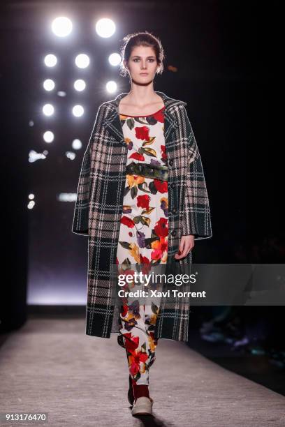 Model walks the runway at the Lebor Gabala show during the Barcelona 080 Fashion Week on February 1, 2018 in Barcelona, Spain.