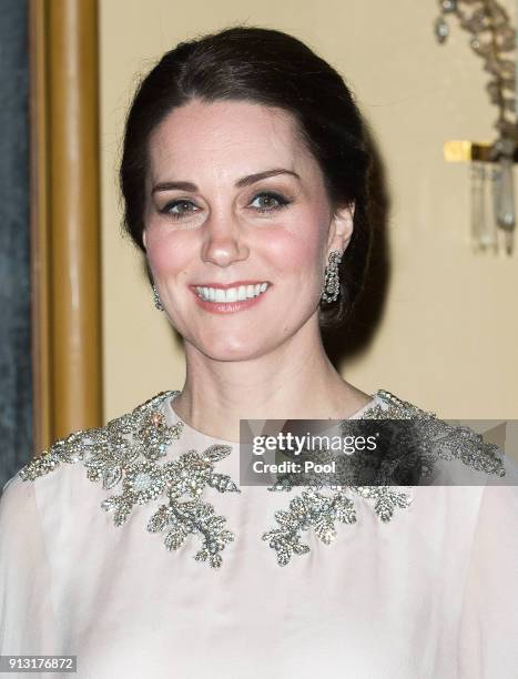 Catherine, Duchess of Cambridge attends a dinner at the Royal Palace on day 3 of their visit to Sweden and Norway on February 1, 2018 in Oslo, Norway.