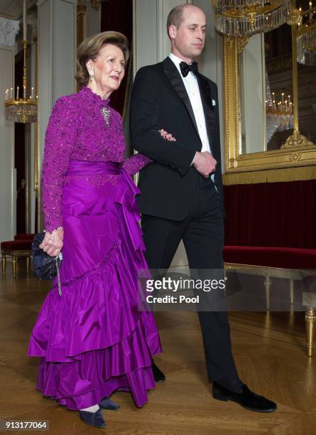 Prince William, Duke of Cambridge is ecorted by Queen Sonja of Norway to a dinner at the Royal Palace on day 3 of their visit to Sweden and Norway on...