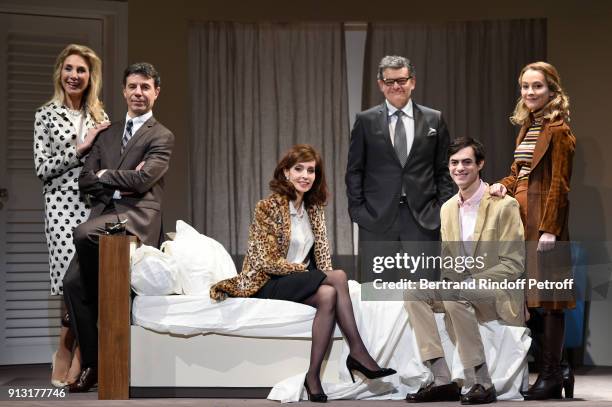 Francoise Lepine, Marc Fayet, Anne Parillaud, Jean-Michel Lahmi, Arthur Fenwick and Adele Bernier pose after the 'Le Laureat' Theater Play...