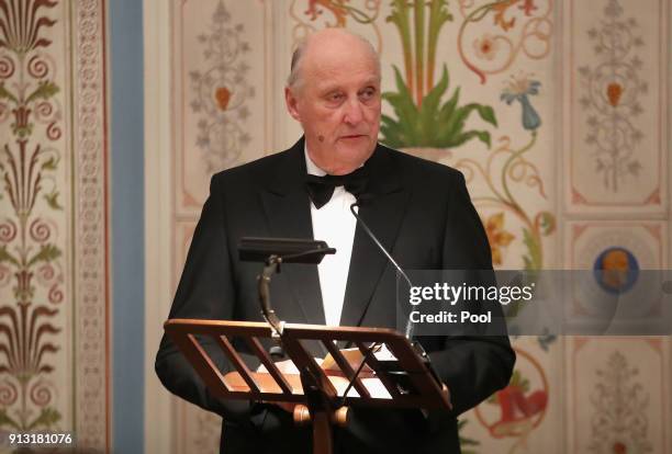 King Harald V of Norway attends dinner at the Royal Palace on day 3 of their visit to Sweden and Norway on February 1, 2018 in Oslo, Norway.