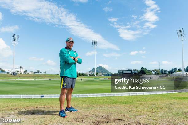Head Coach Ryan Harris of Australia poses following an Australian training session at Bay Oval on February 2, 2018 in Tauranga, New Zealand.