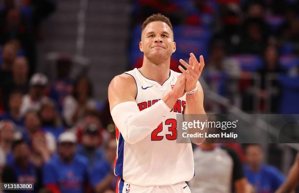 Blake Griffin of the Detroit Pistons celebrates a first quarter basket during the game against the Memphis Grizzlies at Little Caesars Arena on...