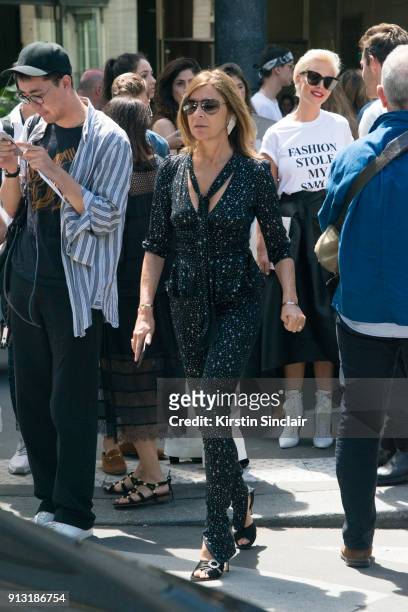 Founder and editor-in-chief of CR Fashion Book Carine Roitfeld wears a Balenciaga top and trousers and Gianvito Rossi shoes day 4 of Paris Haute...