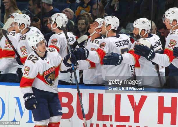 Denis Malgin of the Florida Panthers celebrates his first period against the Buffalo Sabres during an NHL game on February 1, 2018 at KeyBank Center...