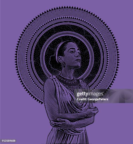 ultra violet engraved portrait of a young mixed race woman framed with stars and space - social responsibility stock illustrations
